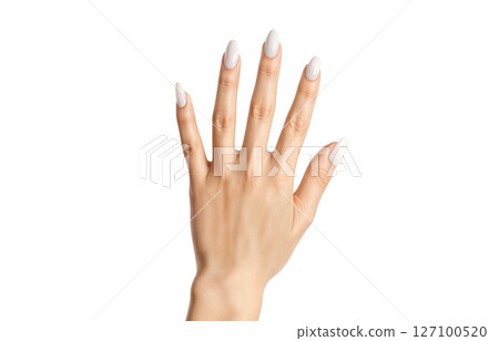 Hand with white almond nails manicure, ai generated 127100520