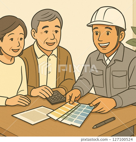 Renovation meeting scene Staff wearing work clothes and senior couple Color samples Generative AI Renovation meeting scene Staff wearing work clothes and senior couple Color samples Generative AI 127100524