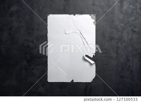 Blank white wheatpaste adhesive torn poster on wall, ai generated 127100533