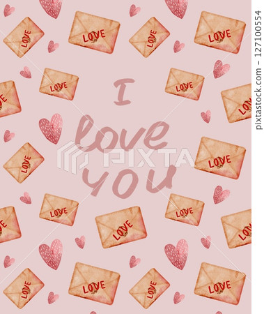 Graphic design featuring love letters and hearts on a pink background for romantic occasions 127100554