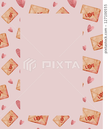 Soft pink background surrounded by heart-decorated envelopes illustrating a theme of romance 127100555