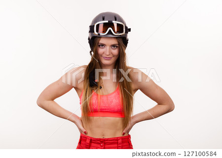 Strong woman with sporty helmet. 127100584