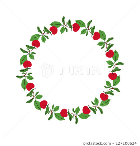 Summer floral wreath with cherry and their foliage. Round frame of berries and leaves on twig. Decoration element for cards and seasonal decor. Vector flat illustration. Summer floral wreath with cherry and their foliage. Round frame of berries and leaves on twig. Decoration element for cards and seasonal decor. Vector flat illustration. 127100624