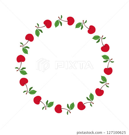 Round floral wreath with cherry and their foliage. Summer frame of berries and leaves on twig. Decoration element for cards and seasonal decor. Vector flat illustration. 127100625