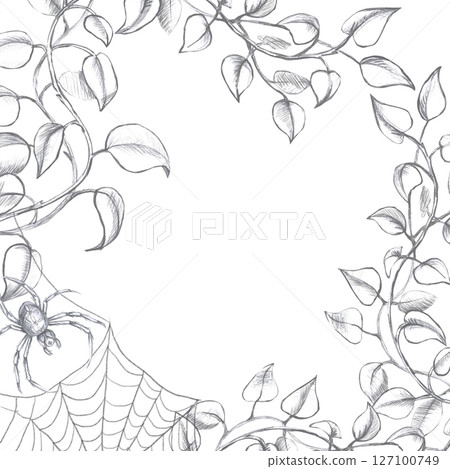 Square frame with curved branches, spider and web. Isolated pencil illustration in realistic style for postcards, posters, printing on fabric and clothes, flower shop design. Square frame with curved branches, spider and web. Isolated pencil illustration in realistic style for postcards, posters, printing on fabric and clothes, flower shop design. 127100749