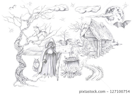 Scene from the life of a witch. Isolated pencil illustration of a witch with a house and trees in the background for postcards, Halloween invitations, book illustrations and posters. 127100754