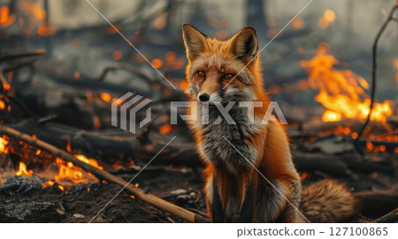 In a devastated landscape, a tiny fox is seen sitting near a fire amidst the scorched forest.Environmental Disaster. 127100865