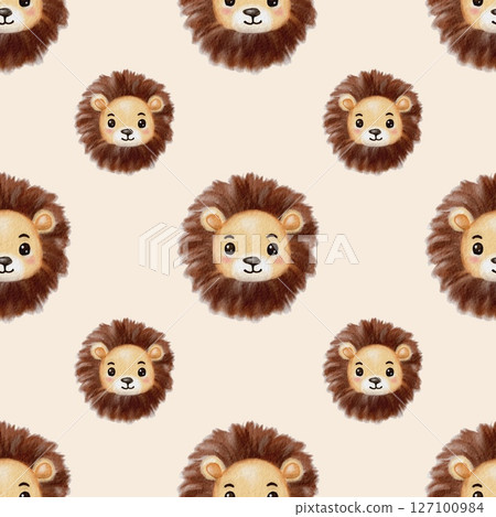 Watercolor illustration of playful lions on a soft beige background 127100984