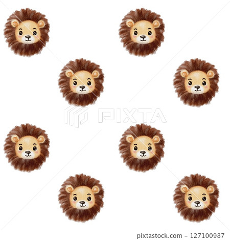 Watercolor illustration features multiple playful lion faces with vibrant details and colors 127100987