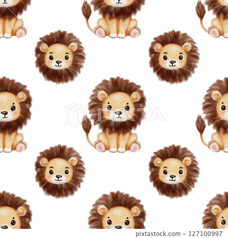 Colorful watercolor lion pattern featuring cute lions on a white background Colorful watercolor lion pattern featuring cute lions on a white background 127100997