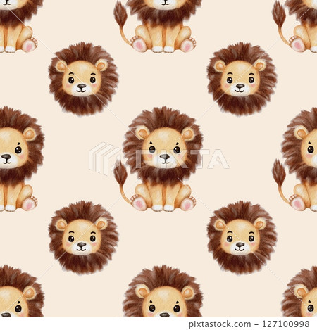 Watercolor lion patterns featuring playful cubs on a light background Watercolor lion patterns featuring playful cubs on a light background 127100998