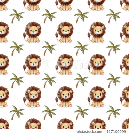 Watercolor lion pattern featuring playful lions and palm trees in bright colors Watercolor lion pattern featuring playful lions and palm trees in bright colors 127100999