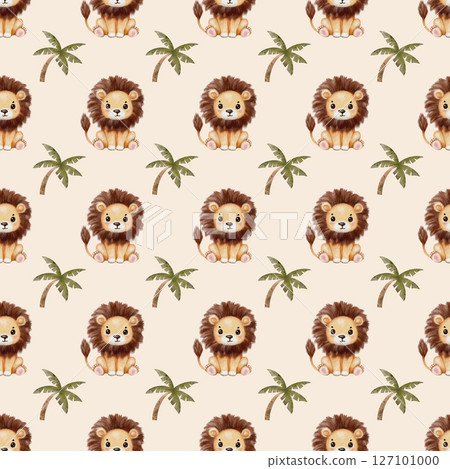 Watercolor pattern of playful lions surrounded by tropical palm trees Watercolor pattern of playful lions surrounded by tropical palm trees 127101000