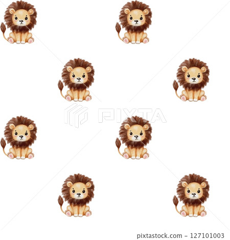 Colorful watercolor lion illustrations on a white background for decorative purposes 127101003