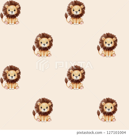Colorful watercolor lions in a playful pattern on a light background 127101004