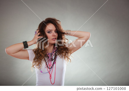 Pretty woman with jewelry necklaces ring bracelets 127101008