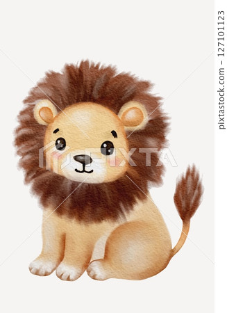 Charming watercolor illustration of a cute lion in a light background 127101123