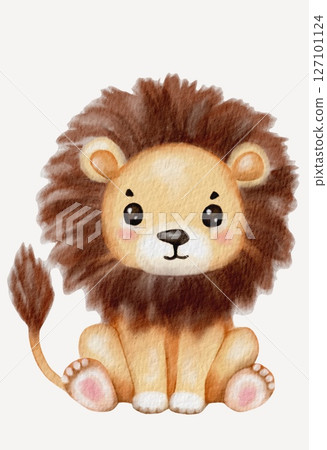 Charming watercolor lion illustration, featuring a cute and friendly expression 127101124