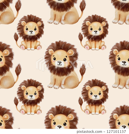 Watercolor depiction of playful lions with detailed fur on a soft background 127101137