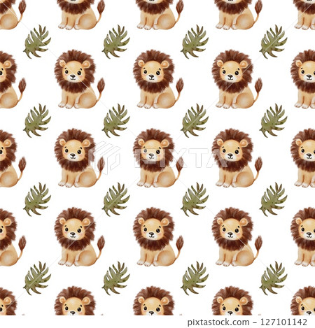 Watercolor pattern featuring playful lions amidst tropical foliage 127101142