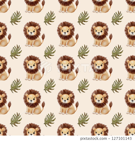 Watercolor lion design pattern featuring playful lions and green leaves on a light background Watercolor lion design pattern featuring playful lions and green leaves on a light background 127101143