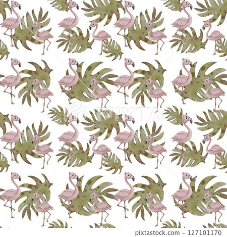 Colorful watercolor depiction of jungle animals among lush tropical foliage 127101170