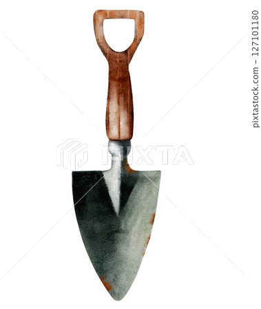 Gardening tools for spring planting surrounded by vibrant tulips in a watercolor textile design 127101180