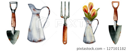 Spring garden tools and tulips create a charming watercolor textile pattern design 127101182