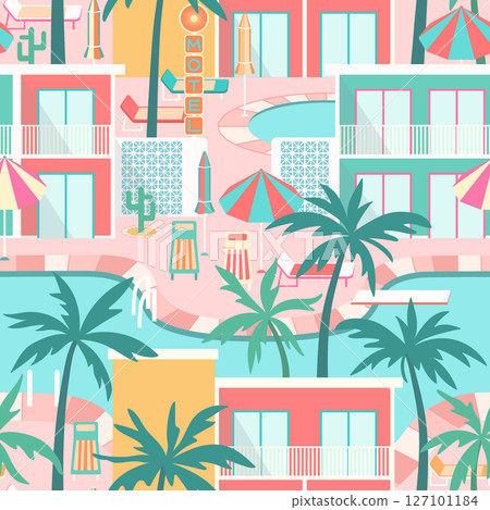 Hotel poolside scene seamless pattern. Palm trees, sun loungers, parasols, colorful motel buildings, pool area illustration in pastel colors. Sunny vibes. Summer vacation in mid-century modern style Hotel poolside scene seamless pattern. Palm trees, sun loungers, parasols, colorful motel buildings, pool area illustration in pastel colors. Sunny vibes. Summer vacation in mid-century modern style 127101184
