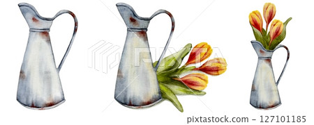Colorful tulips in a vintage watering can create a cheerful springtime garden pattern design Colorful tulips in a vintage watering can create a cheerful springtime garden pattern design 127101185