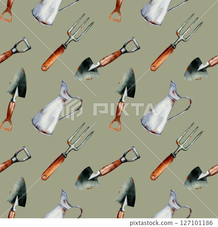 Spring garden tools and tulips create a vibrant watercolor patterned fabric design Spring garden tools and tulips create a vibrant watercolor patterned fabric design 127101186