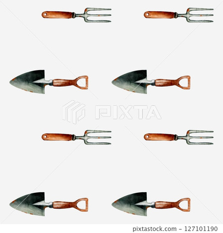 Beautiful seamless pattern design featuring gardening tools with tulips in springtime colors 127101190