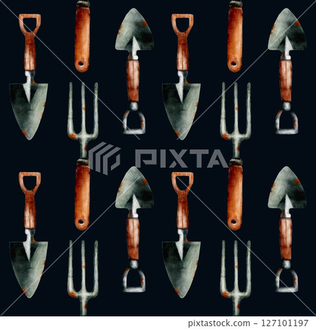 Spring garden tools pattern featuring trowels, forks, and shovels in a watercolor style 127101197
