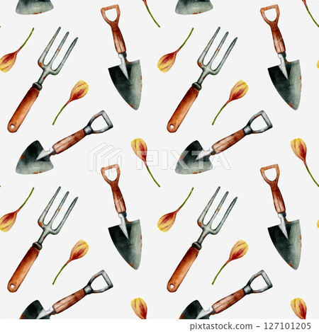 Garden tools and tulip patterns create a seamless design for spring packaging and textiles Garden tools and tulip patterns create a seamless design for spring packaging and textiles 127101205