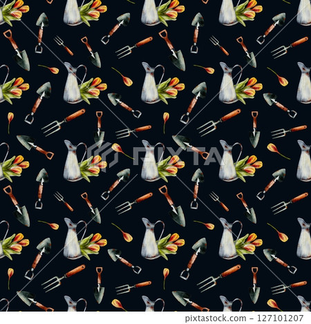 Spring garden tools and tulips pattern for textile and wrapping paper design Spring garden tools and tulips pattern for textile and wrapping paper design 127101207