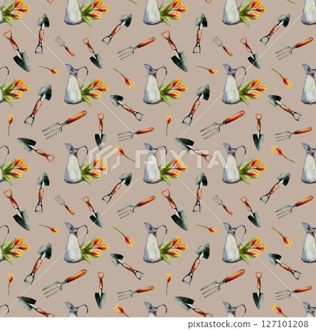 Tools and tulips create a charming garden pattern for spring textile design and wrapping 127101208