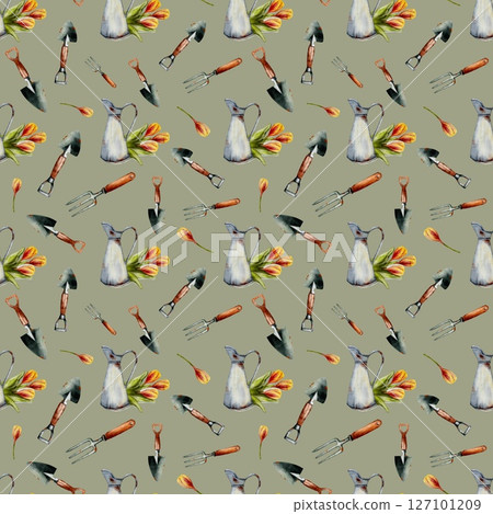 Colorful garden tools and tulips in a seamless watercolor pattern for spring fabric design Colorful garden tools and tulips in a seamless watercolor pattern for spring fabric design 127101209