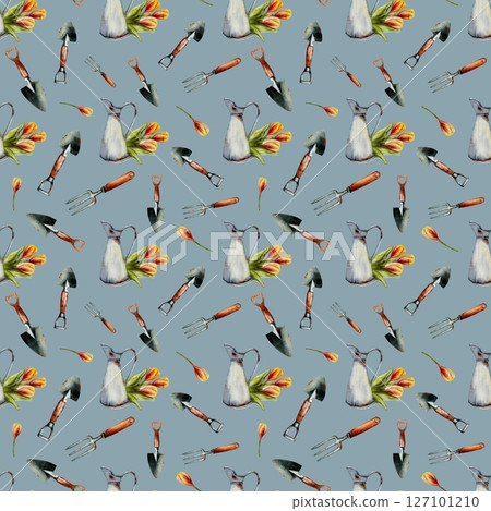Spring garden tools and tulips watercolor pattern for fabric and packaging designs 127101210