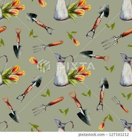 Spring garden tools and tulips watercolor seamless pattern design for fabric and packaging 127101212