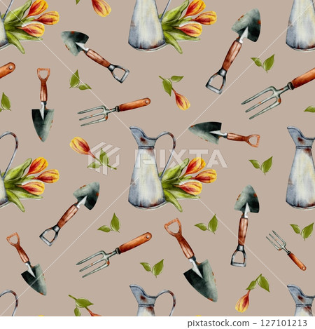 Garden tools and tulips create a vibrant spring pattern for textile design and packaging Garden tools and tulips create a vibrant spring pattern for textile design and packaging 127101213