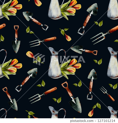 Colorful garden tools pattern featuring tulips and leaves in a seamless design for spring Colorful garden tools pattern featuring tulips and leaves in a seamless design for spring 127101214