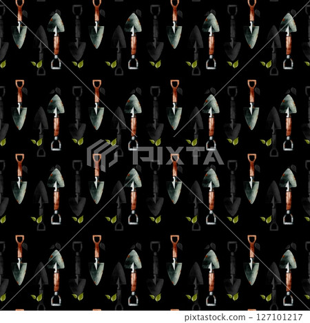 Colorful garden tools pattern with tulips for spring packaging and textile design 127101217