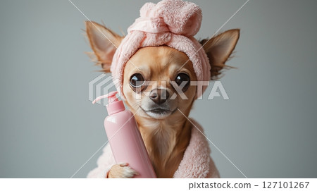 Chihuahua in pink towel and headband holding a mockup bottle of shampoo 127101267