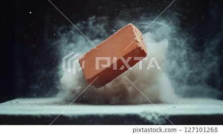 Brick collapses in dust cloud during construction scene in workshop 127101268