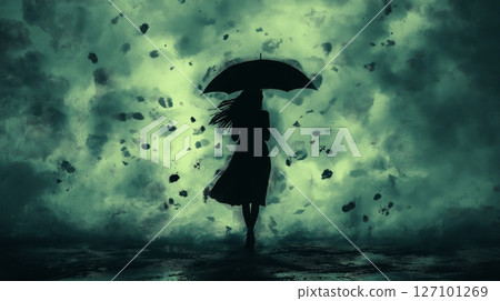 Mysterious figure with an umbrella in a stormy green landscape 127101269