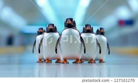 Group of playful penguins walking together in a spacious environment 127101270
