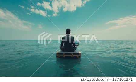 Businessman working remotely while sitting on a suitcase in the ocean 127101271