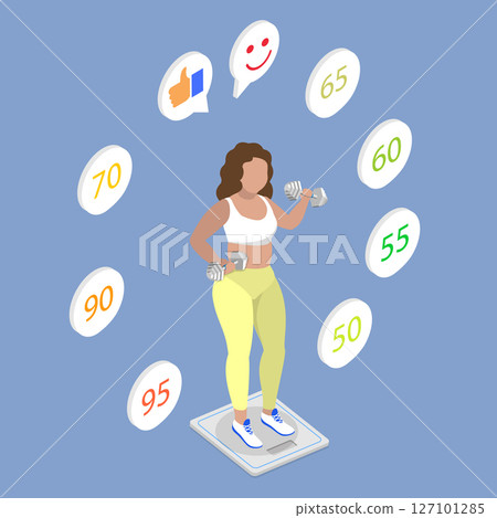 3D Isometric Flat Vector Illustration of Losing Weight, Overweight Woman Striving To Slim Down With Gym Workouts And Dumbbell Exercises. 3D Isometric Flat Vector Illustration of Losing Weight, Overweight Woman Striving To Slim Down With Gym Workouts And Dumbbell Exercises. 127101285