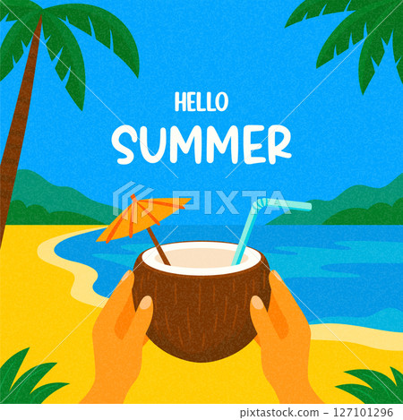 Hello Summer. Summer Coconut Drink on Beach with Tropical Palm Leaves, Ocean View and Sand. Flat Summer Vector Illustration for Vacation Poster, Travel Banner, Holiday Card, Summer Background Design 127101296