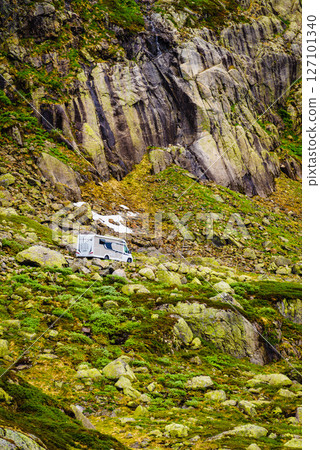 Camper car in norwegian mountains 127101340